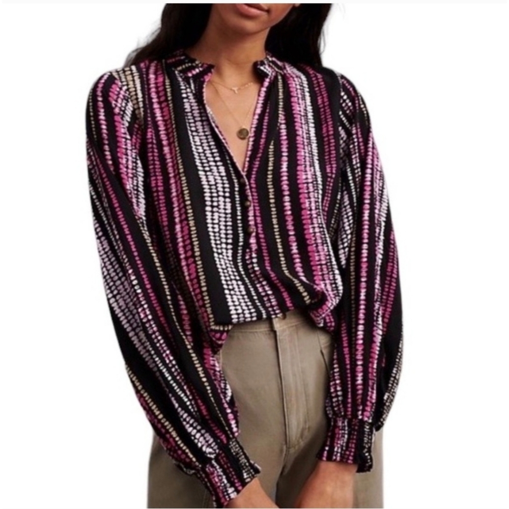 Anthropologie Maeve Colette Peasant Black Pink Stripe Ruffle Blouse‎ Top XL